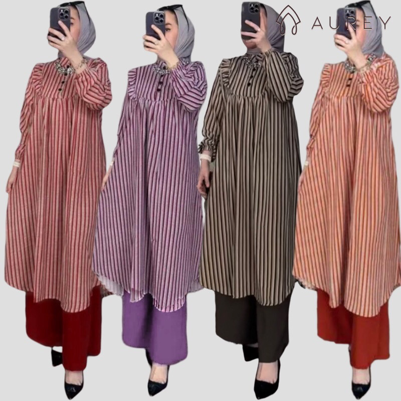 LURIK setelan long tunik wanita keyla oneset tunik panjang salur setelan tunik panjang lurik setelan