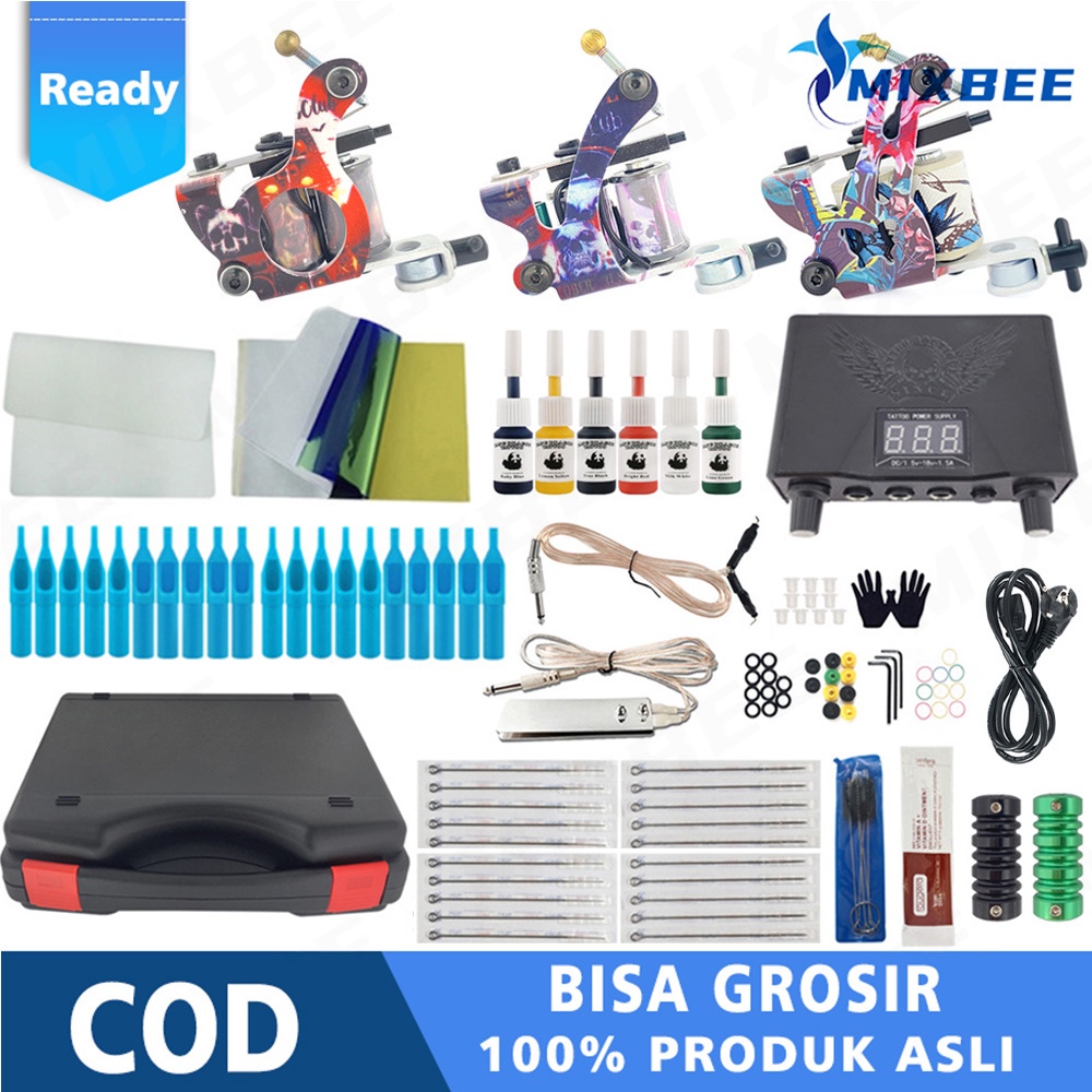 3 Mesin Alat Tatto /Tato Full Set dan kotak peralatan-  Power Tinta Jarum Set Lengkap - Set Tato