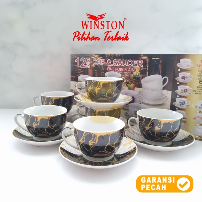 WINSTON 12pcs MONOCHROME Cup & Saucer Set Cangkir Tatakan 6Pasang
