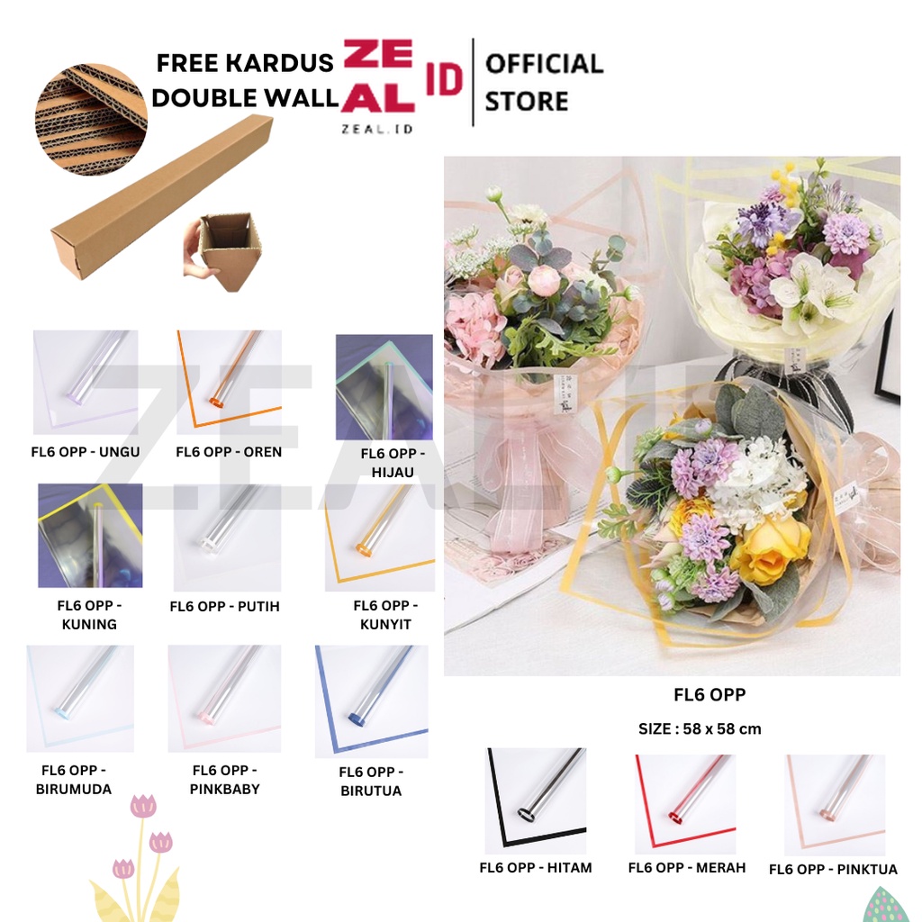 

ZEAL-ID - FL6 OPP 5Lembar-Kertas Bunga Buket Transparan List WARNA / Kertas Buket Bunga Florist Cellophane