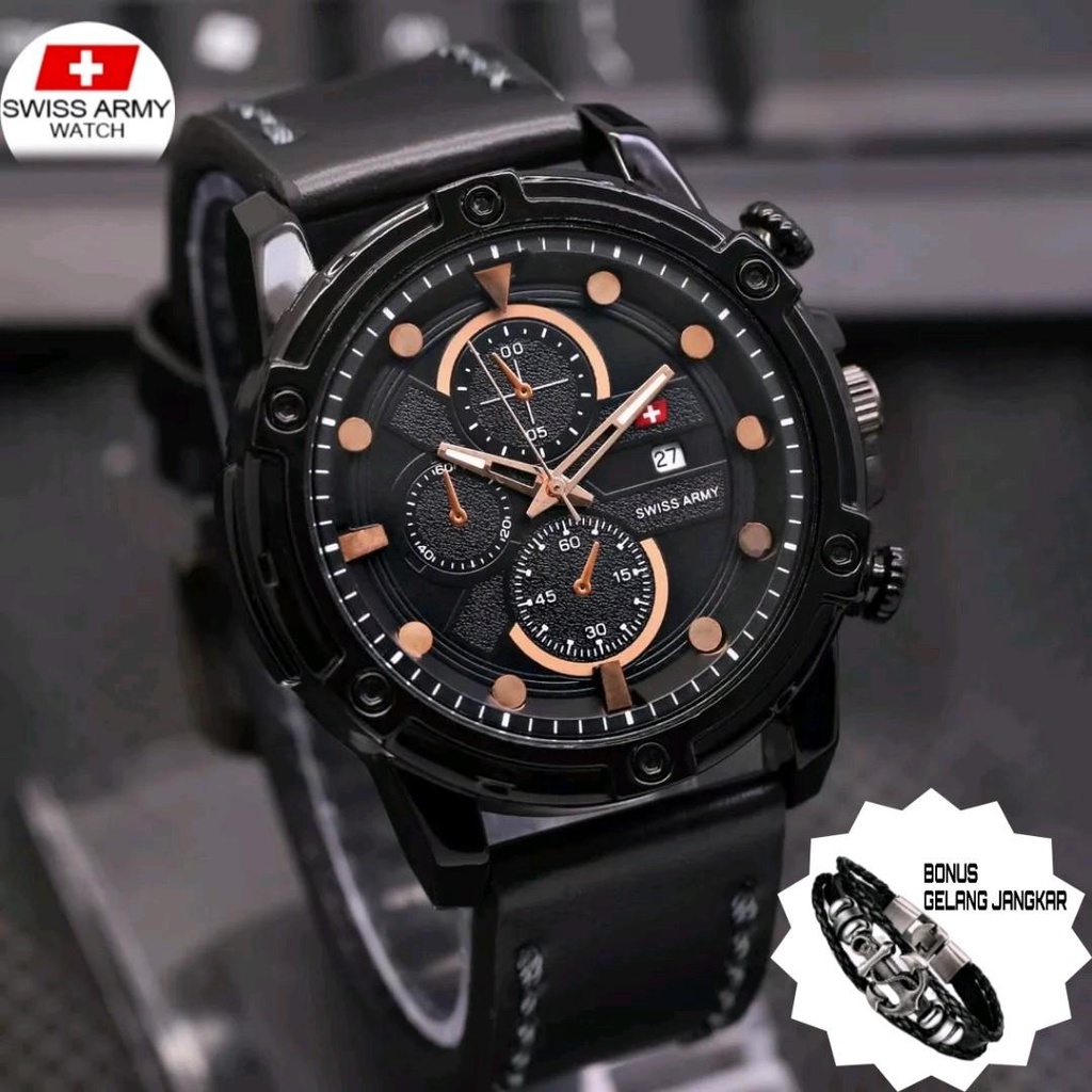 Jam Tangan Pria Analog SWISS Bonus Gelang Jangkar Diameter 4,6cm