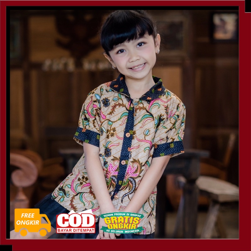 Kemeja Batik Anak Perempuan Kancing Depan Berkerah Atasan Batik Anak Cewek Batik Sekolah Anak Murah/