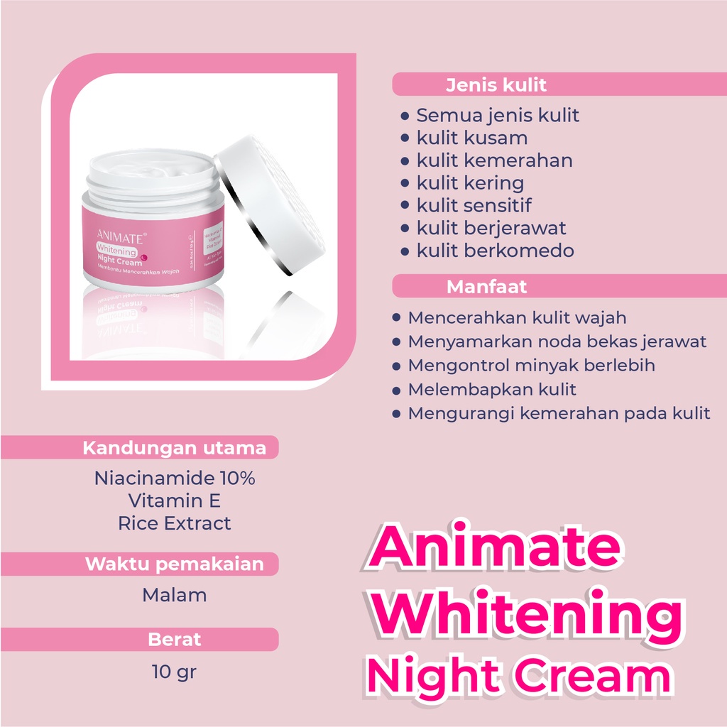 Animate Instant Whitening  Night Cream | Skincare  Pencerah Wajah | Glowing | Cream Malam Aa Kosmetik