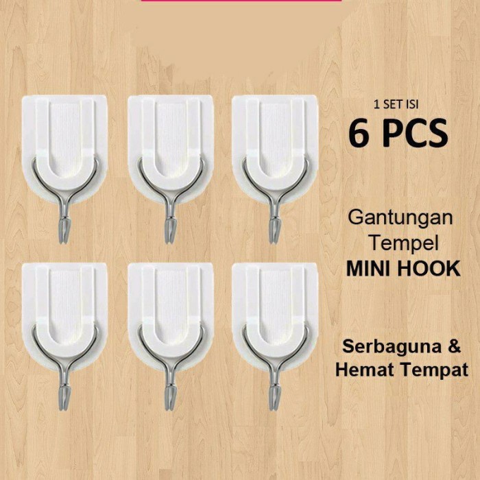 Gantungan Kait Cantolan Baju Tempel Dinding Adhesive Hook isi 6 Pcs