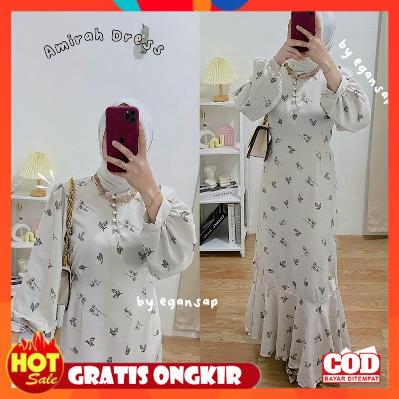 KAIN ADEM HALUS TEBAL / Amirah Dress 2 | Premium Korean Vintage Dress Duyung Bunga Lengan Balon Slim