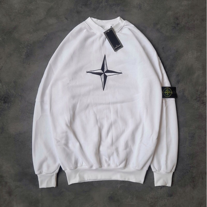 Crewneck Jaket STONE ISLAND Logo Basic Putih Fulltag + Aksesoris