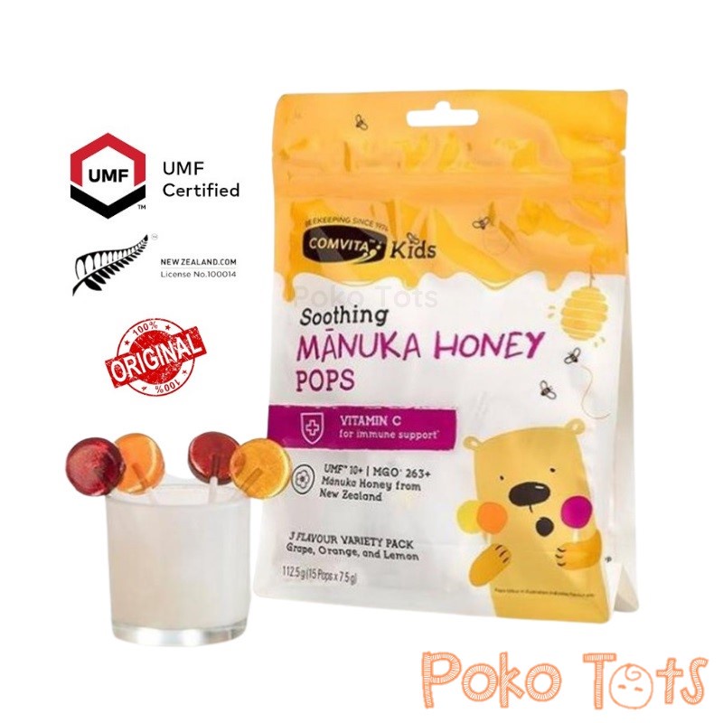 

Comvita Kids Soothing Pops with UMF 10+ Manuka Honey 112.5gr Permen Madu Rasa Aneka Buah Isi 15 Pops JB