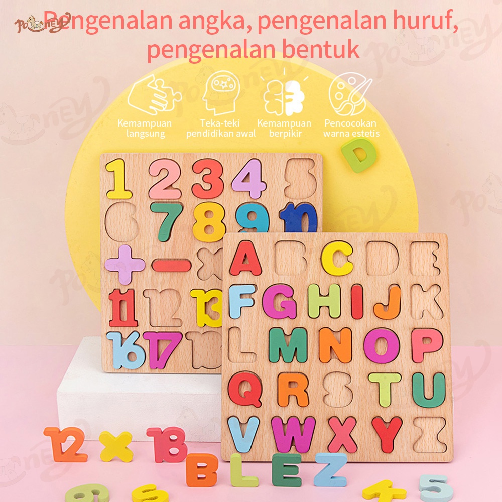 Poney 3PCS Puzzle huruf dan angka Puzzle alphabet Puzzle kayu 3D