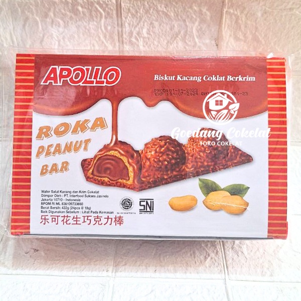 

Apollo Roka Peanut Bar Wafer Salut Kacang dan Cokelat Kemasan 1 Box Isi 24 Pcs x 18g