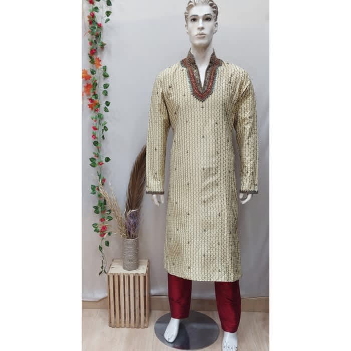 Sherwani(Baju Pria) India bahan Katun Silk Jacguard dgn Piyatte Ethnic