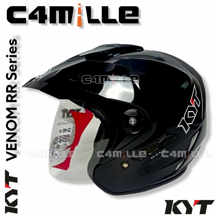 [ORI] HELM KYT VENOM RR SOLID BLACK DOUBLE VISOR HALF FACE - M