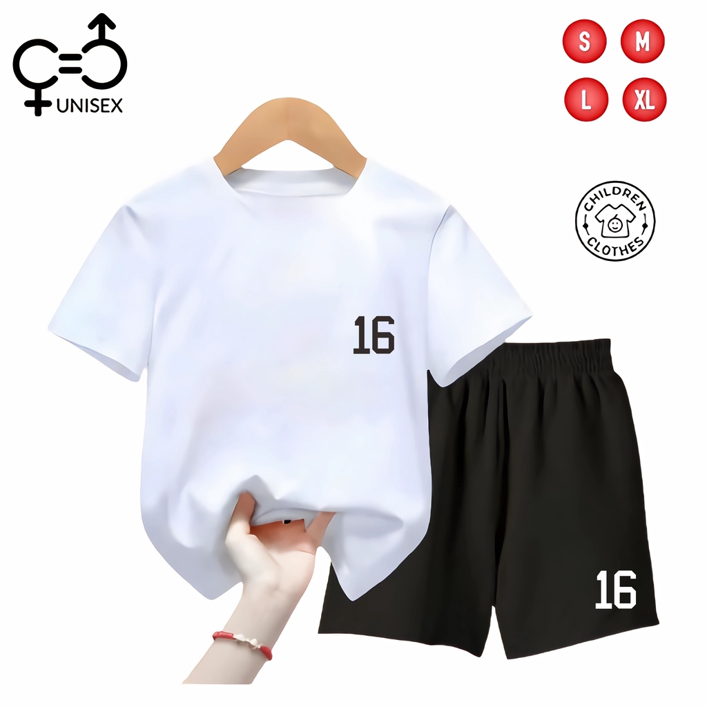 GC - SETELAN Anak Unisex KAOS + Celana PENDEK Hitam - THE SIXTEEN (REQUEST / CUSTOM NOMOR SILAHKAN T