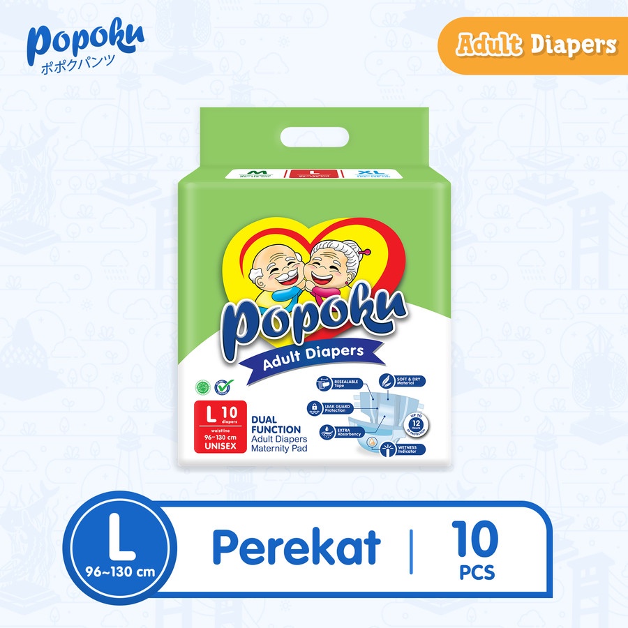 Popoku Adult Diapers Perekat L10 (96-130cm) Isi 10pcs - Popok Dewasa Manula Lansia Orang Tua