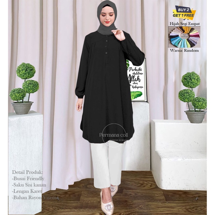 Baju Atasan Tunik Wanita Kemeja Lengan Panjang Cream Tua Jumbo Dewasa - Cream Tua, L