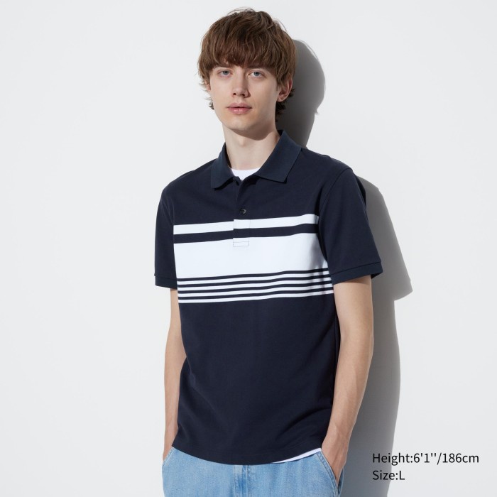 UNIQLO Kaos Polo Dry Pique Garis Lengan Pendek 466816 Pria - 69 NAVY
