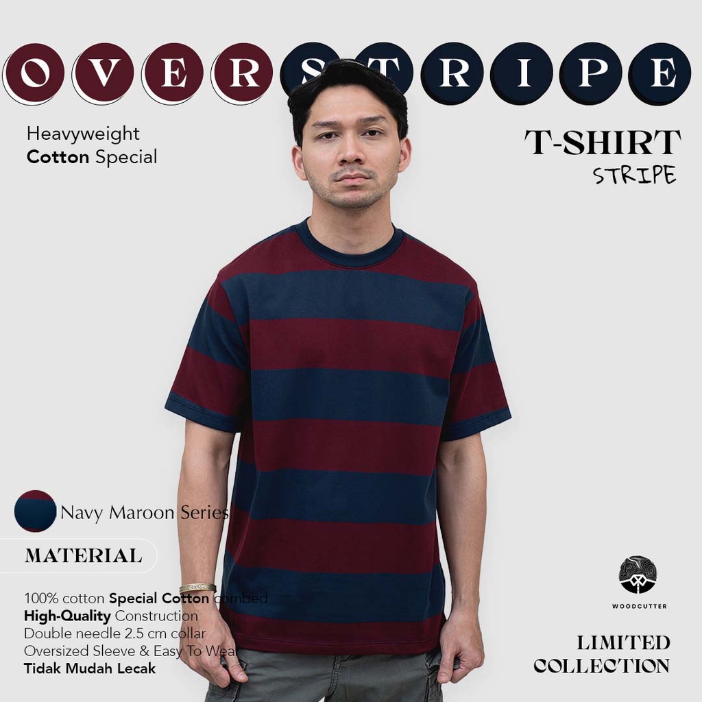 Kaos Polos Pria Garis WOODCUTTER Biru Merah - Navy Maroon Oversize SS T-shirt Lengan Pendek