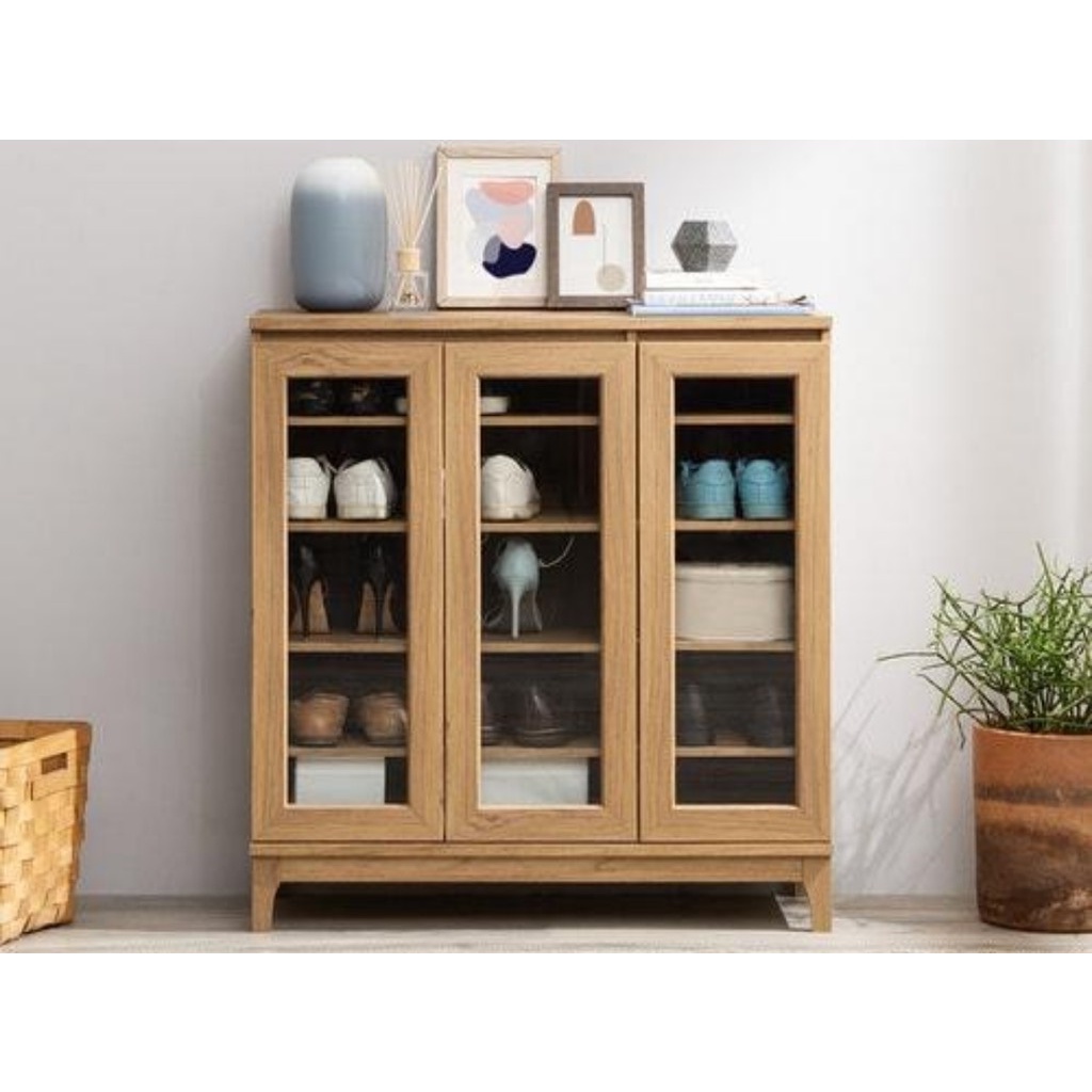 Swakarya Nirwana Soeshie Lemari Sepatu Kayu Olahan Rak 5 Susun Minimalis - Shoe Cabinet 3 Pintu Kaca