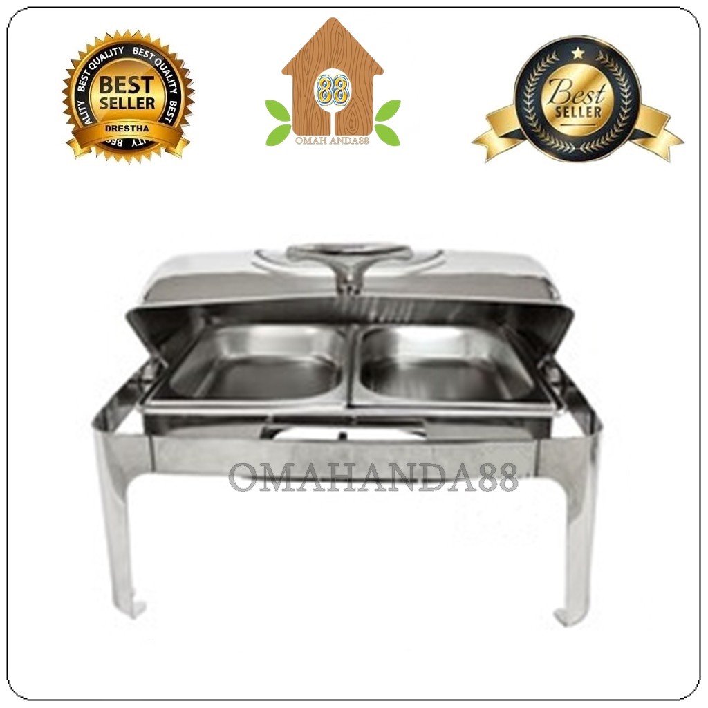 Chafing Dish Roll Top Tutup Kaca Premium 2 Sekat Pemanas Makanan Prasmanan Tutup Putar Kaca 9 Liter