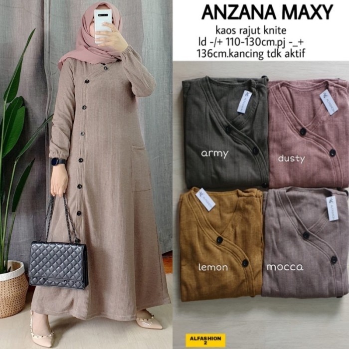 "Girya.Syo" - TERBARU Anzana Maxy gamis wanita muslim bahan kaos rajut knit ld 110-130