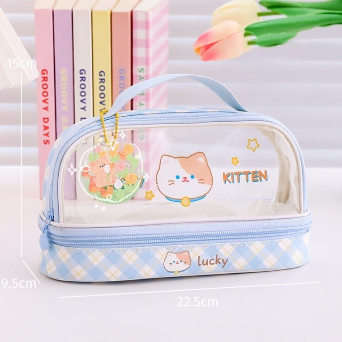 

kotak pena lucu tempat pensil dan pulpen kawaii dual slot wadah pensil - Biru