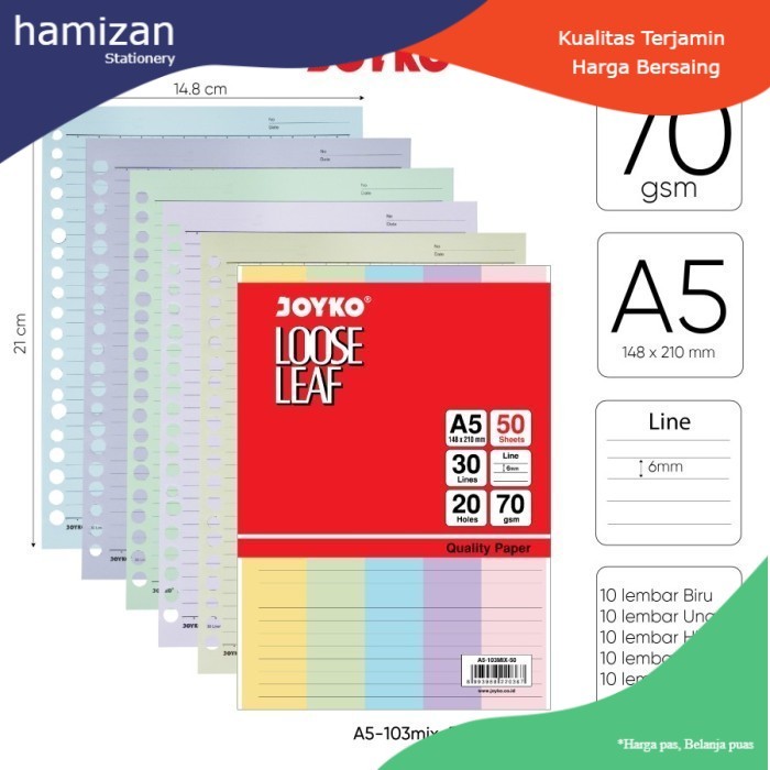 

Joyko Loose Leaf Isi Ulang Binder Paper A5-103MIX-50 Lembar Rainbow