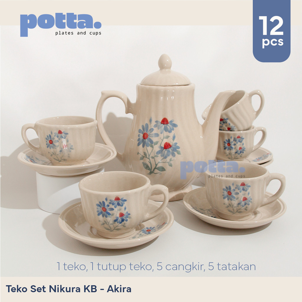 Teko Set Cangkir dan Tatakan Keramik Motif Bunga Nikura - 12pcs Gelas Kopi & Teh