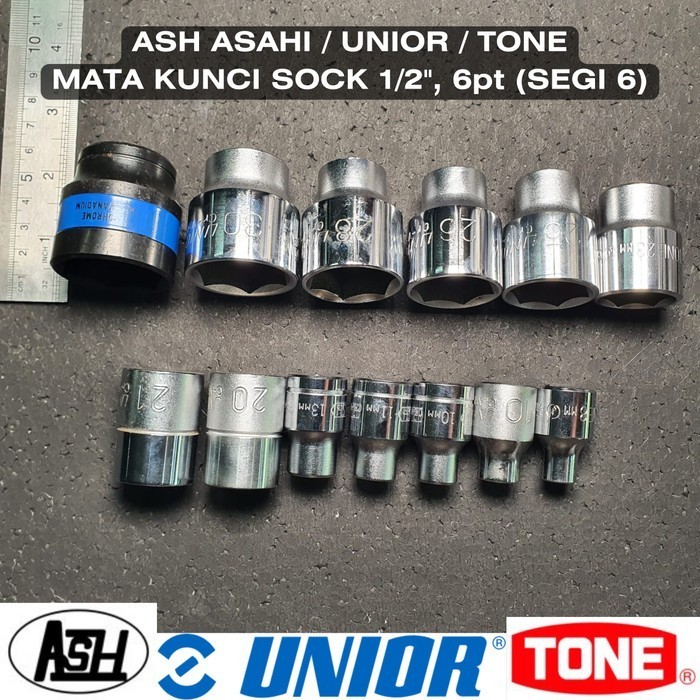 Mata Kunci Sok/Sock/Shock/Socket  MADE IN JAPAN  (harga per pc),  1/2" inch,  6pt,  merek TONE / UNI
