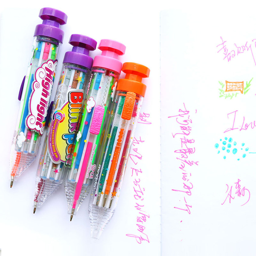

8 in 1 Flash Marker Pen Student Stationery 0.7mm Refill Highlighter Portable Press-type Blink Pen School Office Supplies