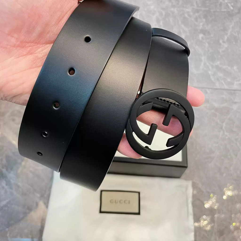 【bekas asli】（368186）GUCCI sabuk G ganda hitam saling bertautan/sabuk lebar 3,7CM/sabuk yang sama unt