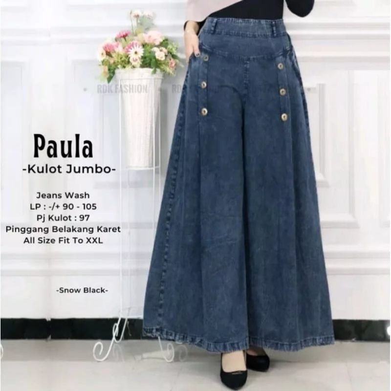 celana kulot jeans kulot paula polos jumbo full karet pinggang saku jeans premium