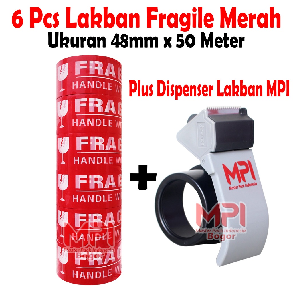 

1 SLOP [ 6 PCS ] - Lakban Fragile Merah MPI 48 mm x 50 yard + Dispenser Lakban MPI