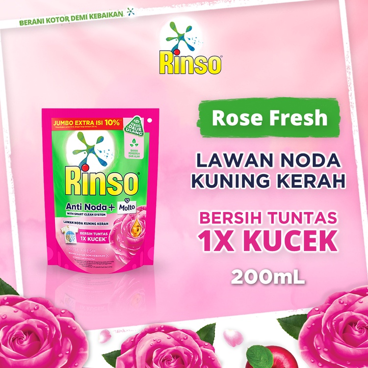 Rinso Molto Detergen Cair Kemasan Hasil Daur Ulang Rose Fresh Double Clean Fresh 215ML 4X