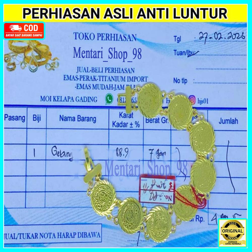 Terlaris...gelang emas 24 karat berat 7 gram motif koin ada nota atau surat dari toko