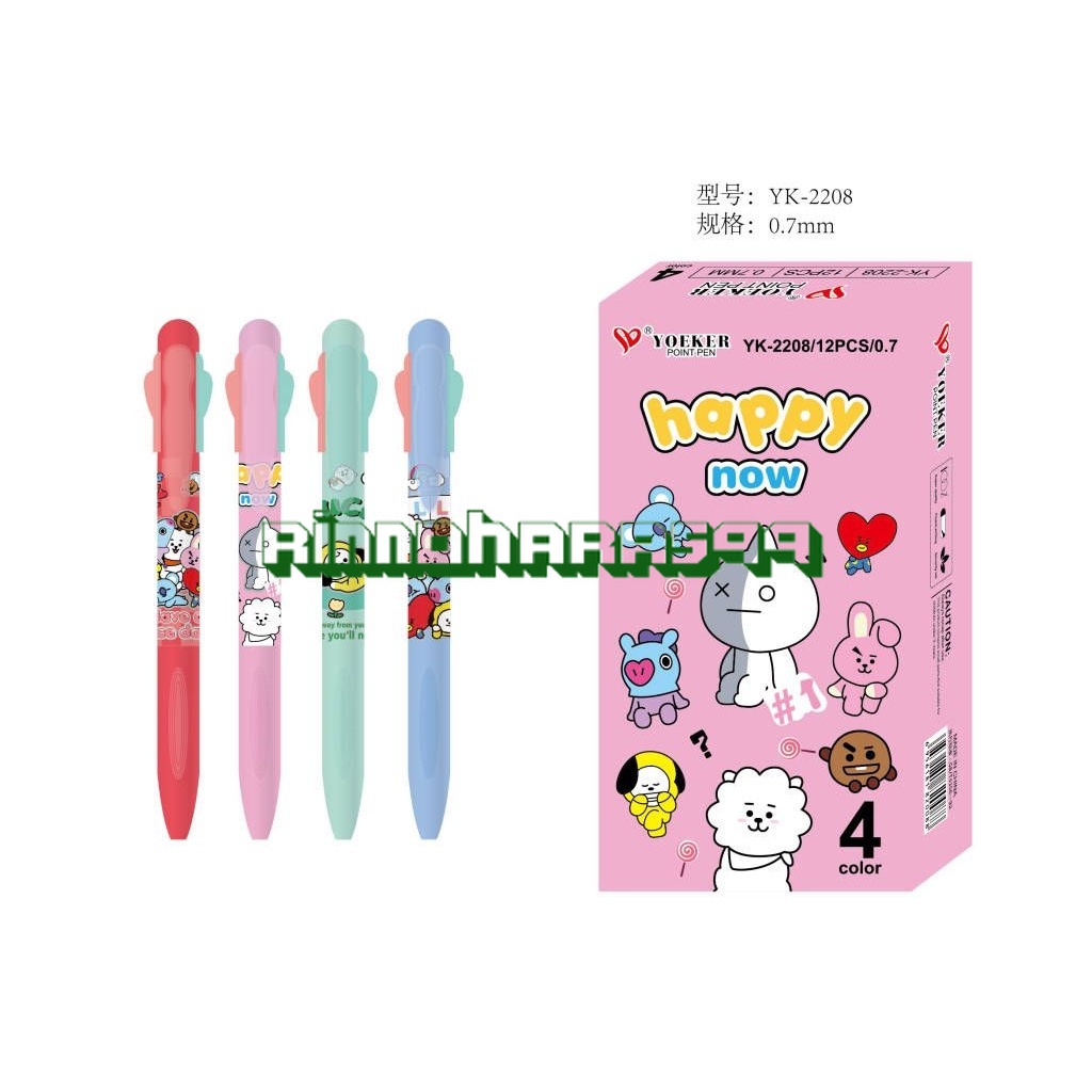 

BOLPEN HAPPY NOW PULPEN PEN GEL 4 WARNA BT21 ISI 12 PCS BOLPOIN 4 WARNA MEREK YOEKER YK-2208 ISI 12