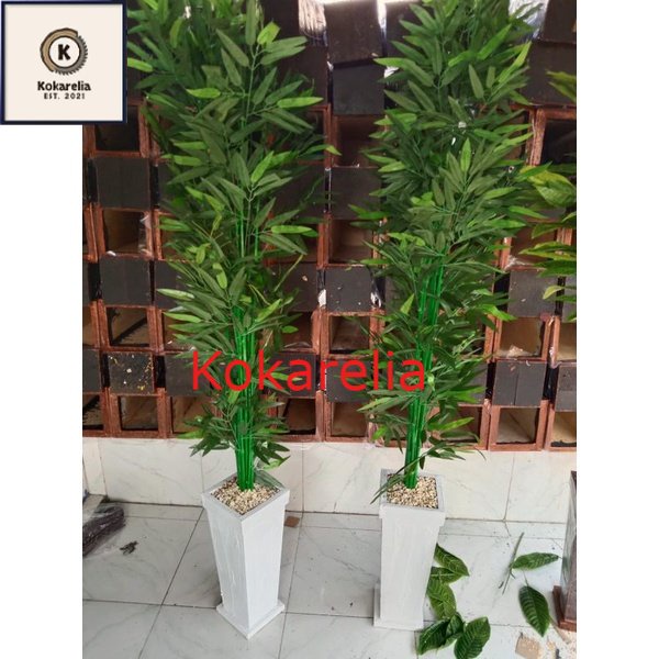 BAMBU HIJAU VAS PUTIH LENGKAP VAS BEBATUAN ARTIFICIAL DEKORASI PLASTIK IMPORT MURAH // BAMBU SUDUT R