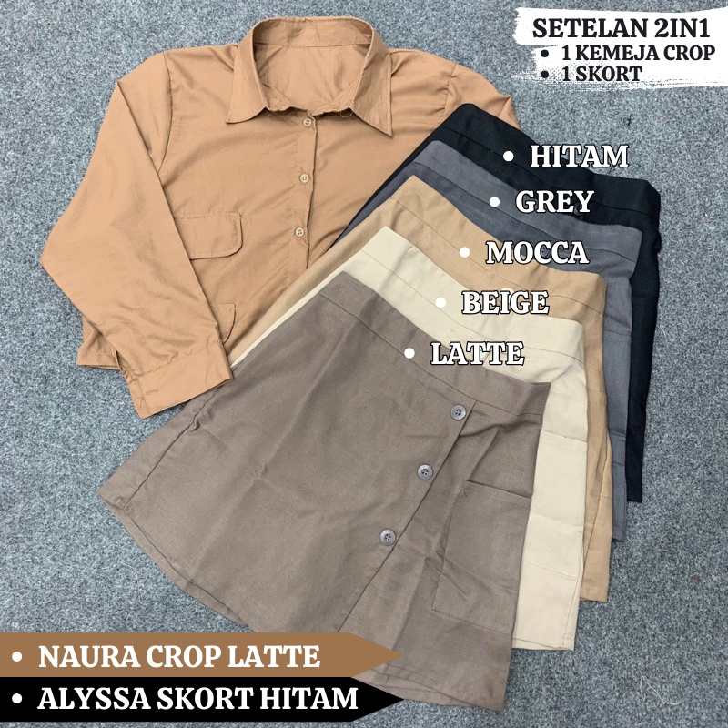 SETELAN ONESET ROK CELANA / MINI SKIRT + KEMEJA CROP SHIRT