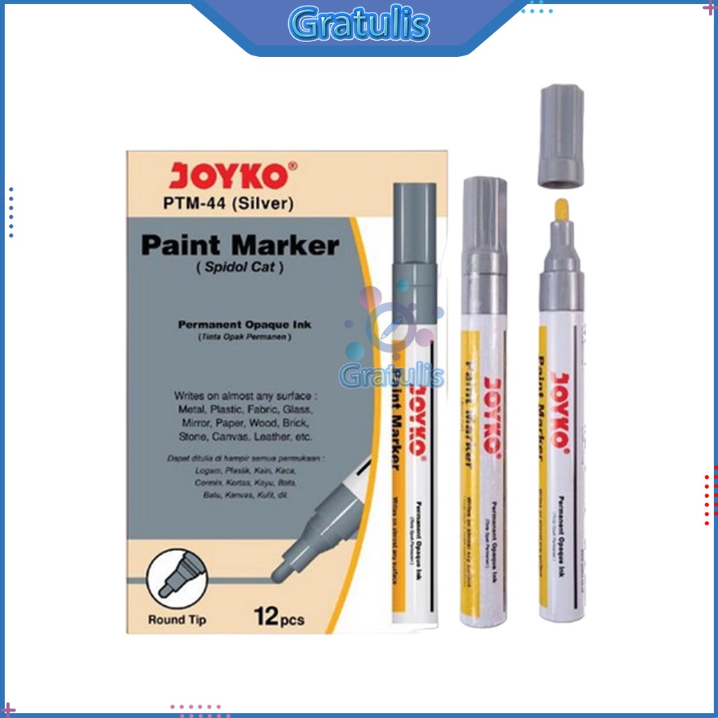 

SEPIDOL SILVER JOYKO PTM-44 [PERMANEN/12 PCS] / SPIDOL CAT PAPAN TULIS WHITE WHITEBOARD PERMANENT PTM44 / ROUND TIP PAINT
