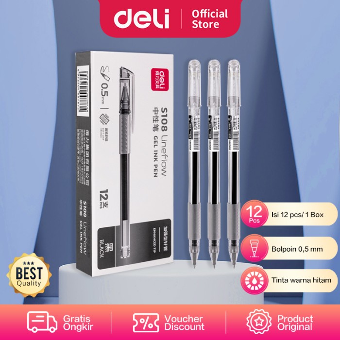 

Deli Gel Pen / Pulpen Gel 0.5mm Tinta Hitam Isi 12pcs/box S108