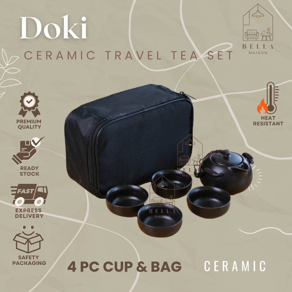 Set Teko 4 Gelas Keramik Teapot DOKI Ceramic Travel Tea Set - Hitam