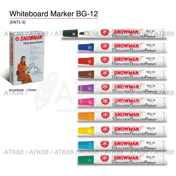 

1 BOX Spidol Papan Tulis Whiteboard BG-12 Snowman - 12pcs - Hitam