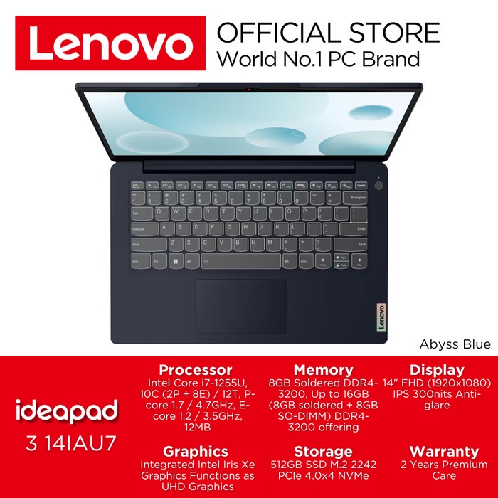 Laptop Lenovo IdeaPad 3 14IAU7 FHD IPS Core i7 Gen12 8GB 512GB  - DLID - ARCTIC