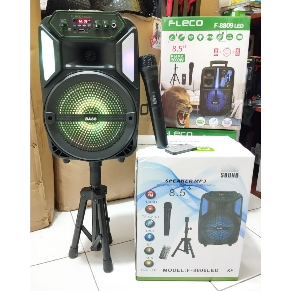 Cod TERBARU Speaker Bluetooth Karaoke Fleco F-8606KF LED 8,5 Inchi Gratis 1 Mic Wireless, Remote Dan