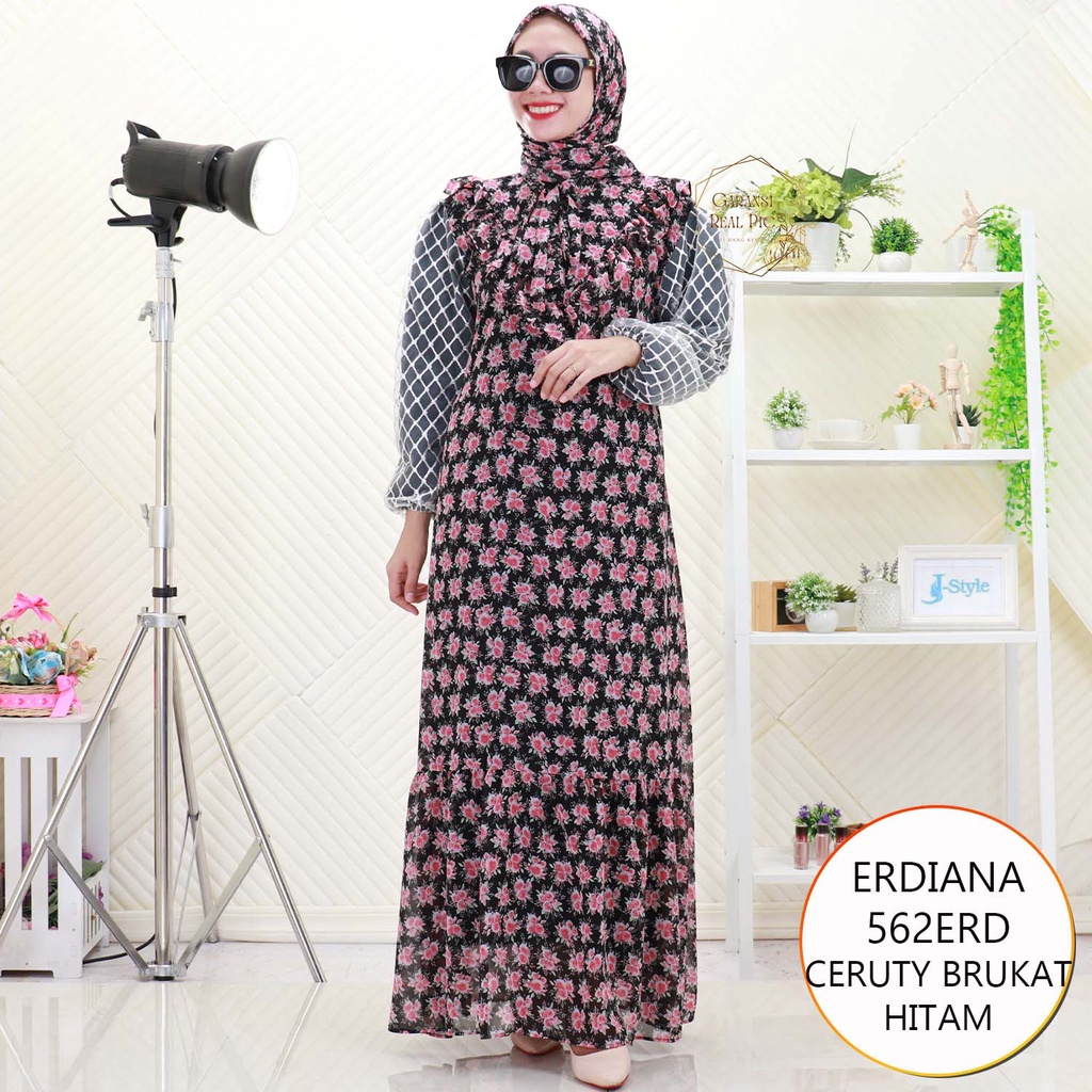 Erdiana Gamis Set Hijab Wanita Muslimah Lengan Balon Tile Brukat Busui Friendly Ceruty Printing Moti