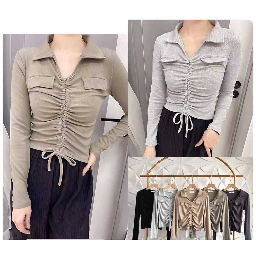 07338 KAOS CROP SERUT DEPAN VARIASI ACC TWIN POCKET DEPAN KERAH POLO V NECK LENGAN PANJANG PREMIUM W