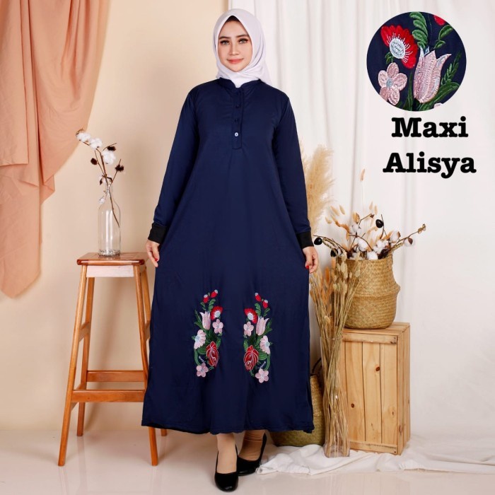 Toko88id - Baju Muslim Wanita Jumbo Gamis XXL LD 110 Maxi Bordir Alisya - NAVY