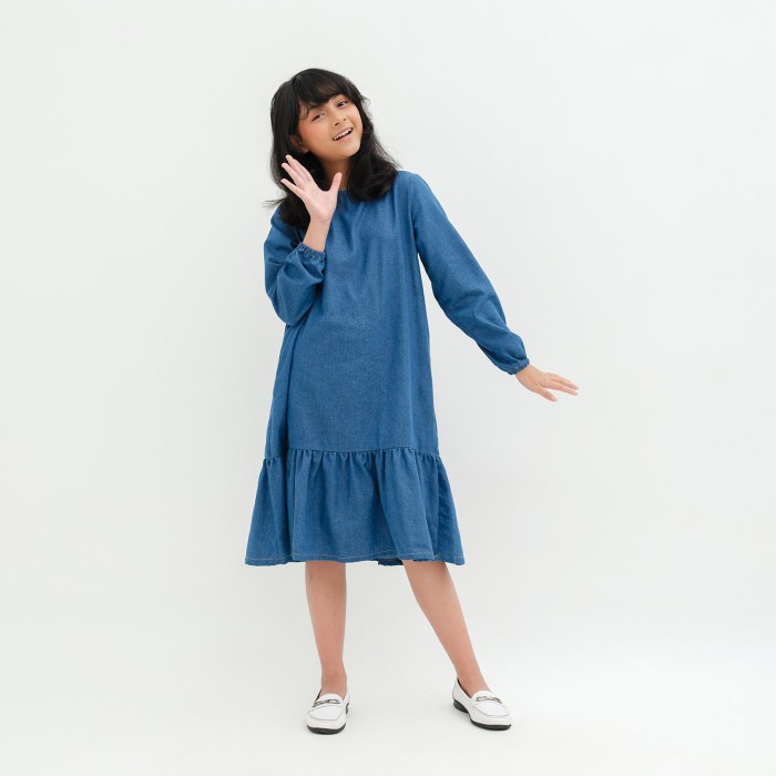 Dress Tunik Lengan Panjang Anak Perempuan Remaja Tanggung 6 8 10 12 th - Biru Muda Dres, 6-7 tahun