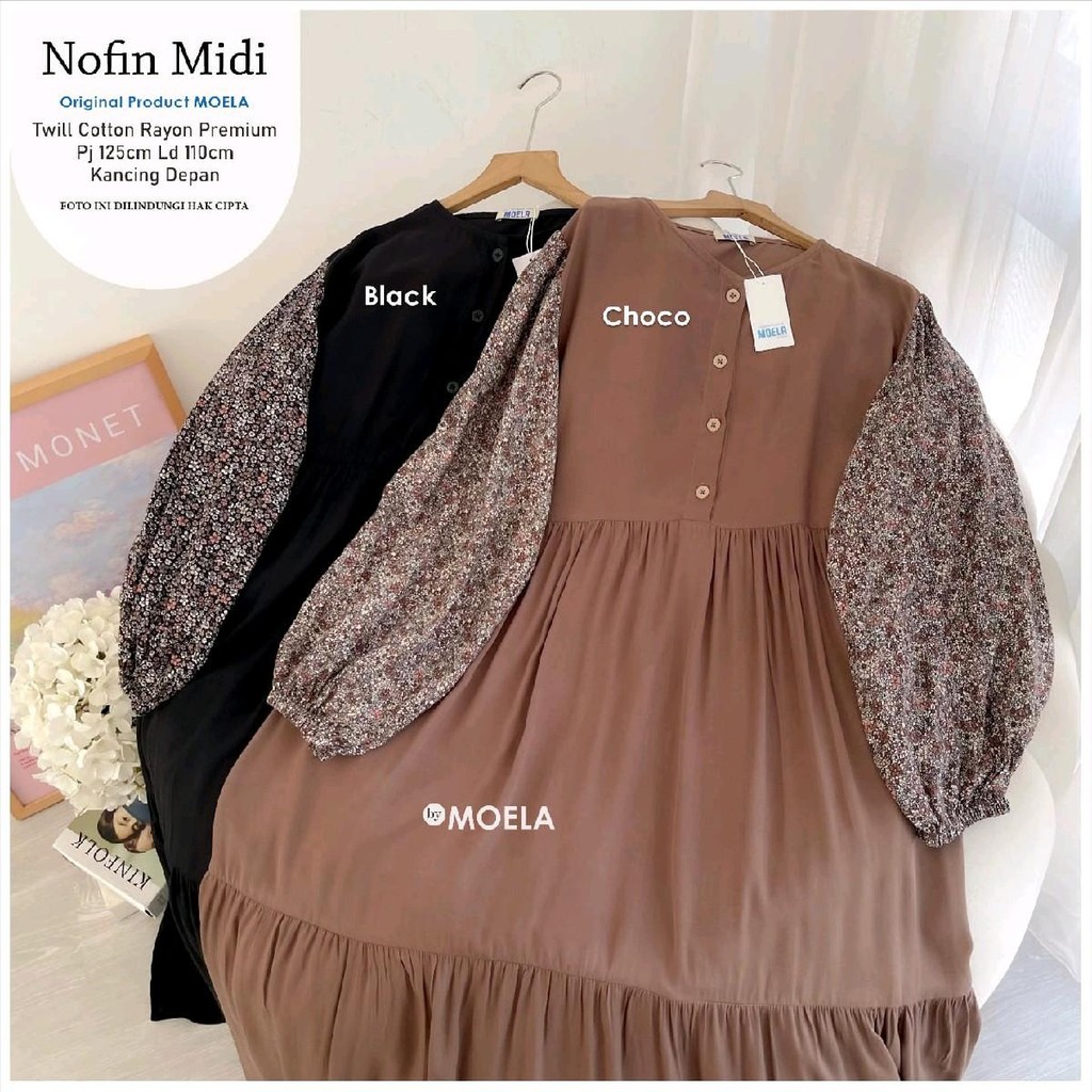 NOFIN DRESS MIDI FASHION CASUAL WANITA MUSLIM BAHAN TWILL KATUN RAYON PREMIUM ORI BY MOELA