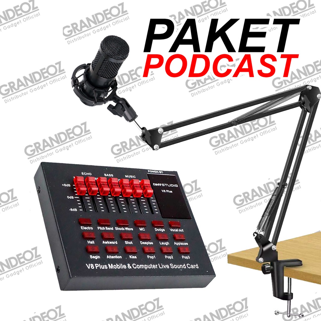 SET PODCAST Mikrofon Condenser + Soundcard V8+ Terbaru Microphone BM800 Mixer V8 Plus Paket Microfon