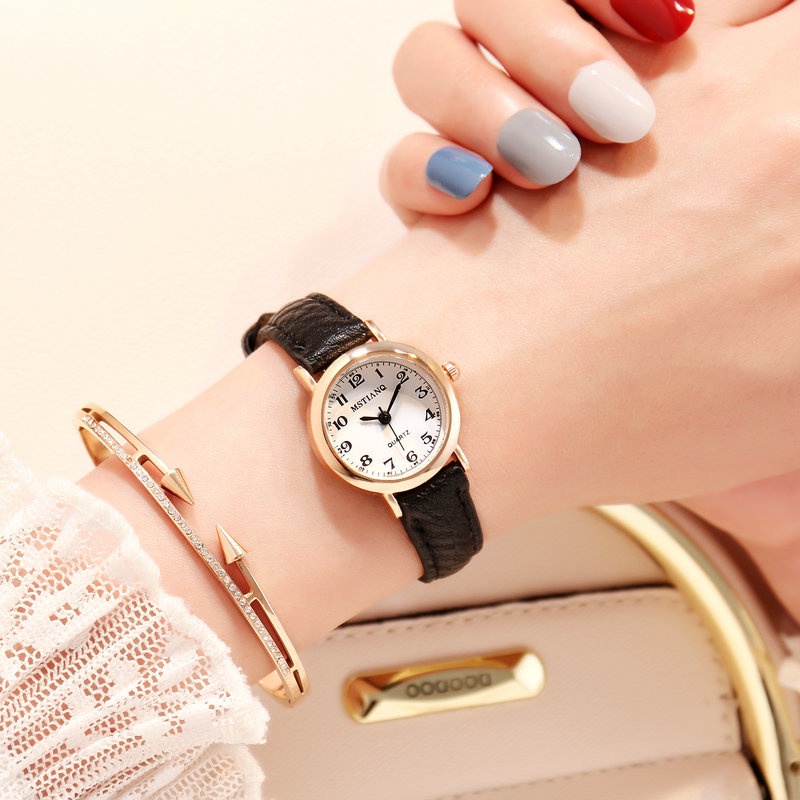 Jam Tangan Wanita INS Fashion Kulit Retro Round Small Women Watches Analog