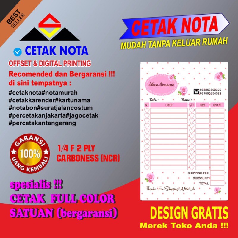

Nota Custom Full Color NCR 1/4 FOLIO NOMOR (10 buku)